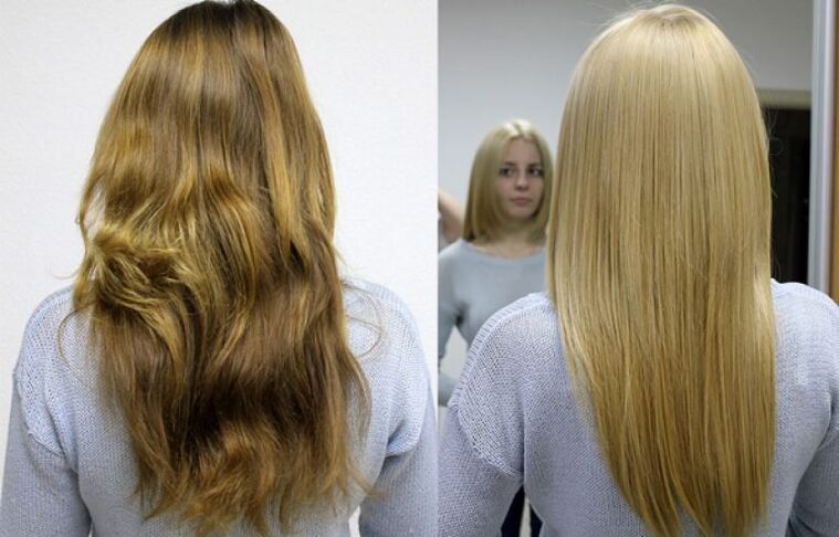 Antes e despois de decoloración e tintura do cabelo